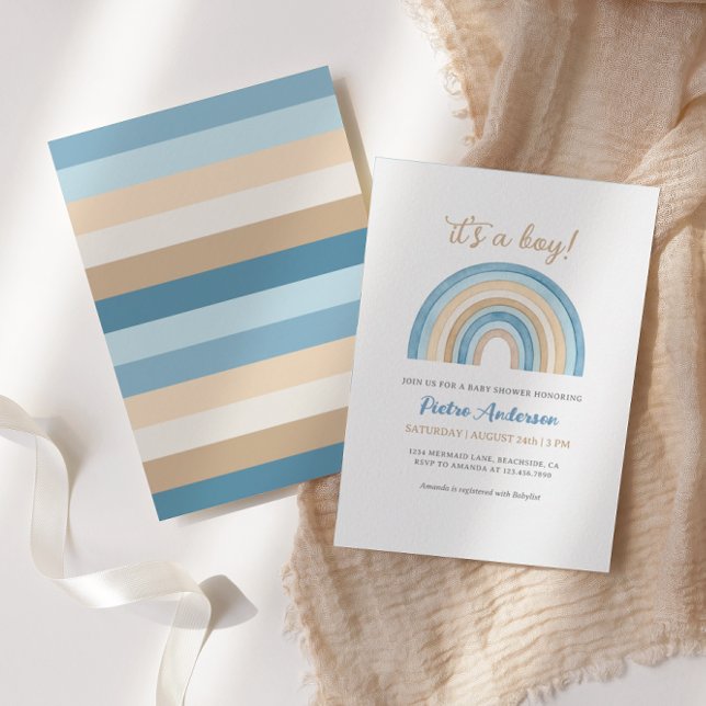Blue Boho Watercolor Rainbow Boy Baby Shower Invitation (Creator Uploaded)