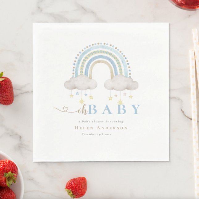Blue Boho Watercolor Rainbow Boy Baby Shower Napkin (Creator Uploaded)