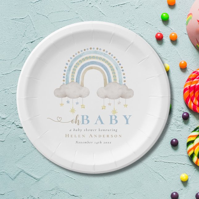 Blue Boho Watercolor Rainbow Boy Baby Shower Paper Plate (Blue Boho Watercolor Rainbow Boy Baby Shower Paper Plates)