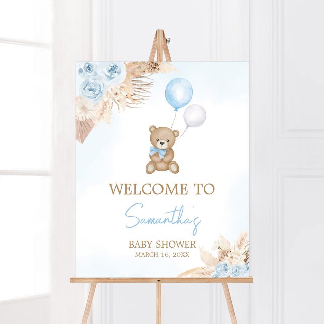 Blue Boho We Can Bearly Wait Welcome Poster (Blue Pampas Grass Boho Bear Baby Shower Welcome Sign)
