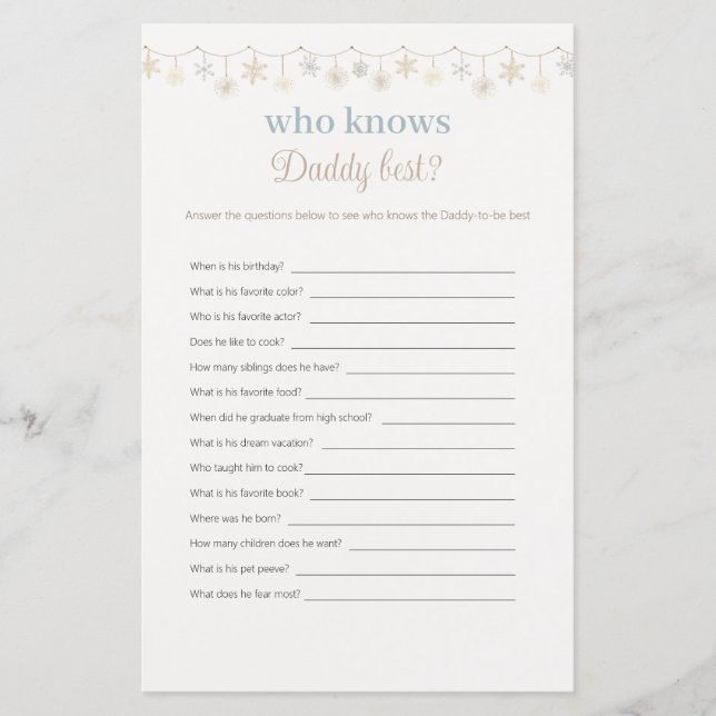 Blue Boho Who Knows Daddy Best Baby Shower Game (Front)