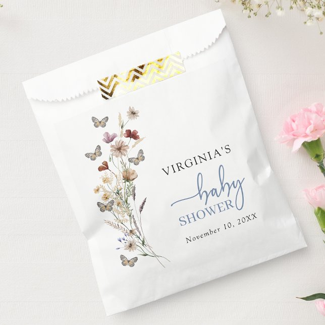 Blue Boho Wildflower Baby Shower Favour Bags (Dusty Blue Boho Wildflower Baby Shower Favor Bag with Butterflies by Painted Paperie
)
