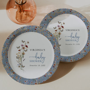 Blue Boho Wildflower Baby Shower Paper Plate