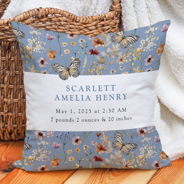 Blue Boho Wildflower Baby Stats Cushion (Dusty Blue Boho Wildflower Baby Stats Throw Pillow with Butterflies by Painted Paperie
)