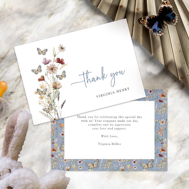 Blue Boho Wildflower Thank You Cards (Dusty Blue Boho Wildflower Thank You Cards with Butterflies by Painted Paperie
)