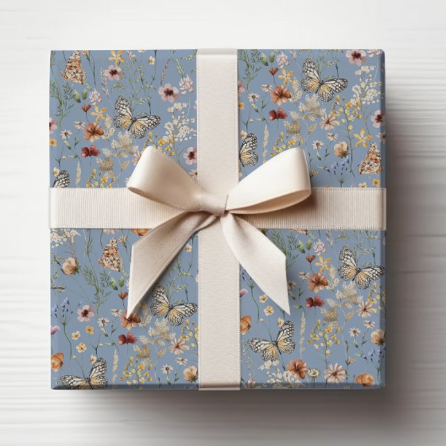 Blue Boho Wildflower Wrapping Paper (Blue Boho Wildflower Wrapping Paper with Butterflies by Painted Paperie
)