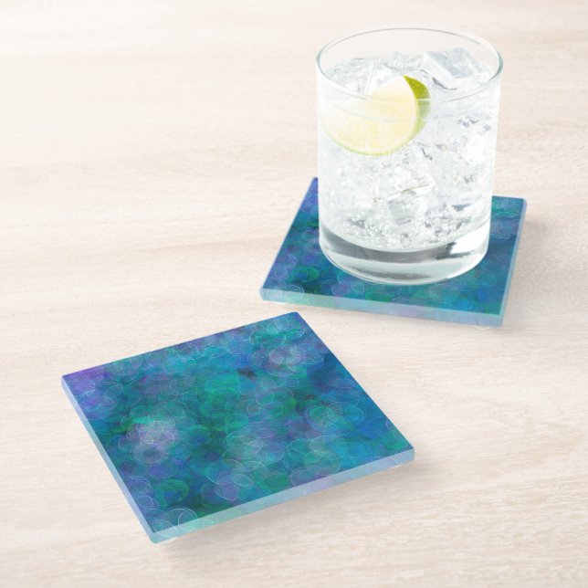 Blue Bokeh Abstract Digital Art  Glass Coaster (Angled)