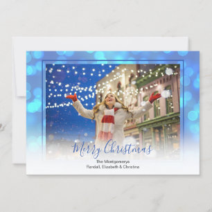 Blue Bokeh and Blue Framed Christmas Photo Holiday Card