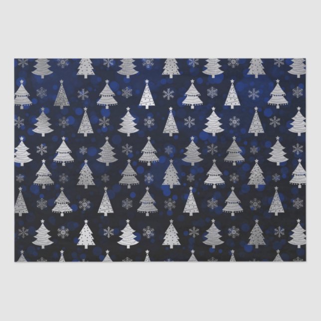 Blue Bokeh and Silver Foil Christmas Trees Tissue Paper (Front)