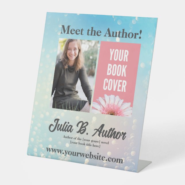 Blue Bokeh Author Book Signing or Book Launch  Pedestal Sign (Front)