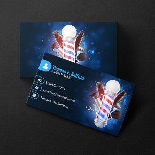 Blue Bokeh Barber Shop Pole Hair Stylist Scissors Business Card