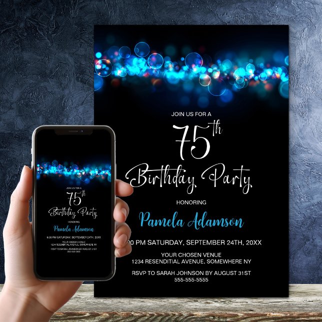 Blue Bokeh Black 75th Birthday Party Invitation (Creator Uploaded)