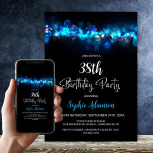 Blue Bokeh Black Any Age Birthday Party Invitation
