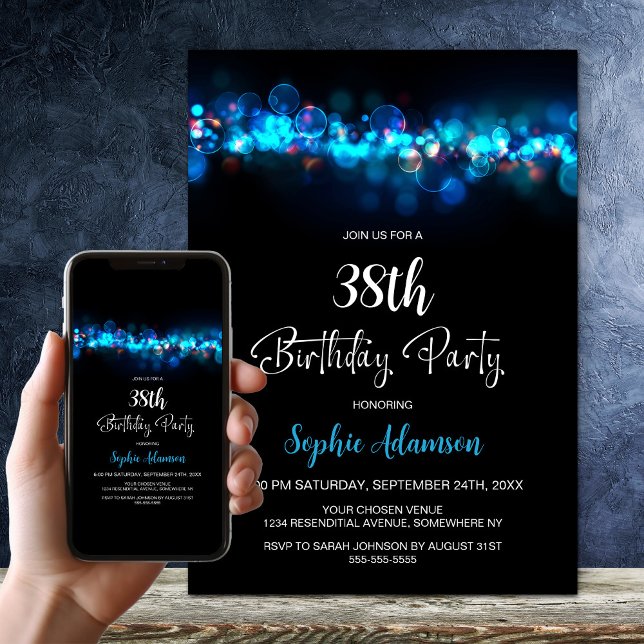 Blue Bokeh Black Any Age Birthday Party Invitation (Creator Uploaded)