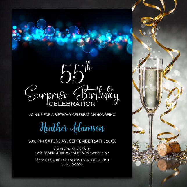 Blue Bokeh Black Surprise 55th Birthday Party Invitation (Creator Uploaded)