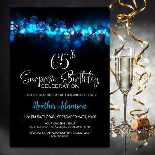 Blue Bokeh Black Surprise 65th Birthday Party Invitation