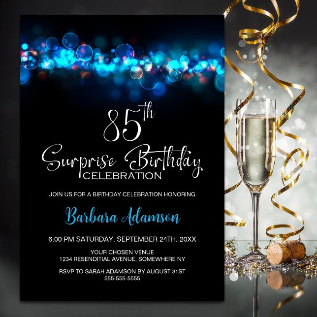 Blue Bokeh Black Surprise 85th Birthday Party Invitation (Creator Uploaded)