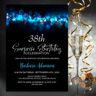 Blue Bokeh Black Surprise Any Age Birthday Party Invitation