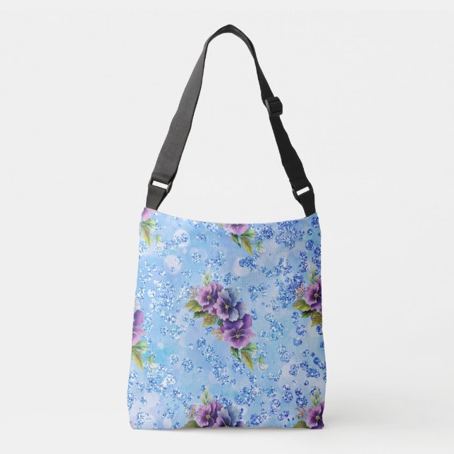 Blue Bokeh Bling Purple & Blue Flowers Crossbody Bag (Front)