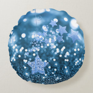 Blue Bokeh Faux Glitter & Stars Round Cushion