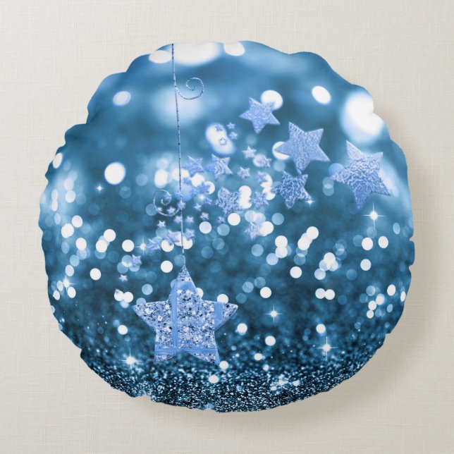 Blue Bokeh Faux Glitter & Stars Round Cushion (Front)