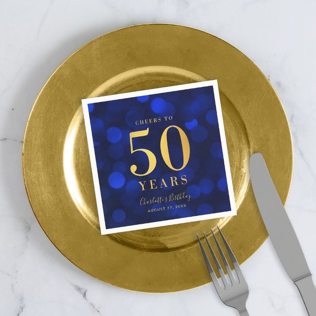 Blue Bokeh Faux Gold Cheers to 50 Years Birthday Napkin (Creator Uploaded)