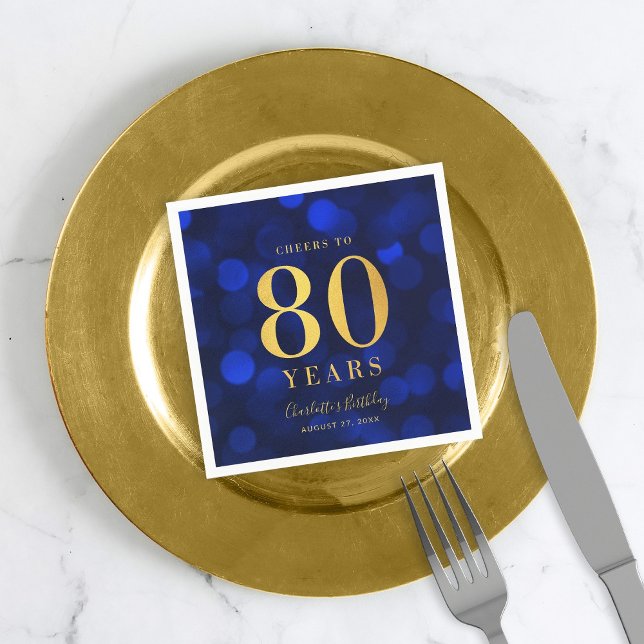 Blue Bokeh Faux Gold Cheers to 80 Years Birthday Napkin (Creator Uploaded)