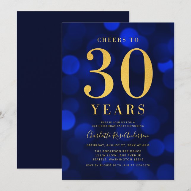 Blue Bokeh Gold Cheers to 30 Years Birthday Party Invitation (Front/Back)