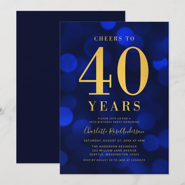 Blue Bokeh Gold Cheers to 40 Years Birthday Party Invitation (Front/Back)
