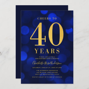 Blue Bokeh Gold Cheers to 40 Years Birthday Party Invitation