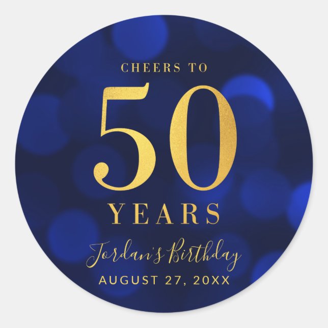 Blue Bokeh Gold Cheers to 50 Years Birthday Classic Round Sticker (Front)