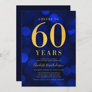 Blue Bokeh Gold Cheers to 60 Years Birthday Party Invitation