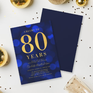 Blue Bokeh Gold Cheers to 80 Years Birthday Party Invitation