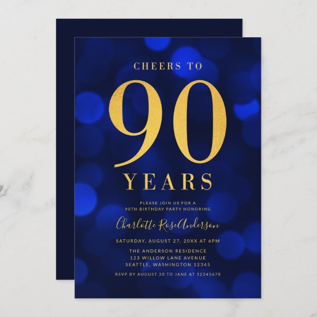 Blue Bokeh Gold Cheers to 90 Years Birthday Party Invitation (Front/Back)