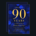 Blue Bokeh Gold Cheers to 90 Years Birthday Party Invitation<br><div class="desc">Classy 90th Birthday Party invitation featuring the words "Cheers to 90 Years" in faux gold foil against a sapphire blue bokeh pattern background. Invitation has a blue background back side. Personalise this invitation with your details by replacing the placeholder text. For more options such as to change the font, text...</div>