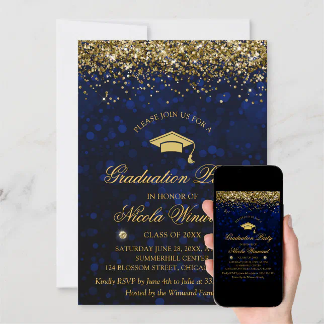 Blue Bokeh And Gold Glitter Graduation Party Invitation Zazzle 8707