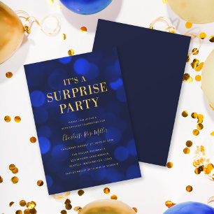 Blue Bokeh Gold It's a Surprise Party Birthday Invitation