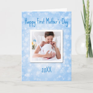 Blue Bokeh Happy First Mother's Day Custom Photo Card