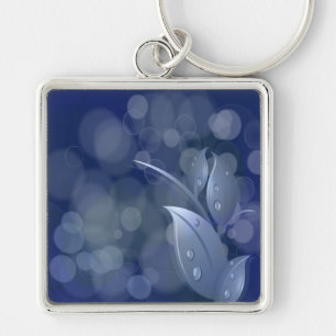 Blue Bokeh Leaves Key Ring