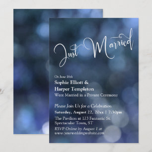 Blue Bokeh Light & "Just Married" Typography Invitation