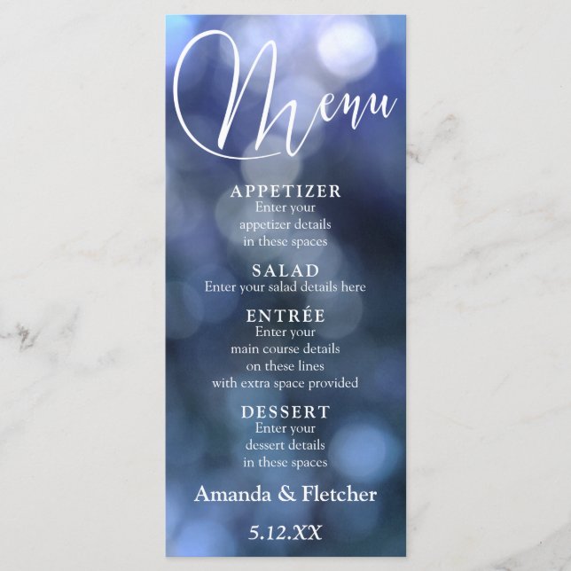 Blue Bokeh Light & Typography 32 Wedding Menu 2 (Front)