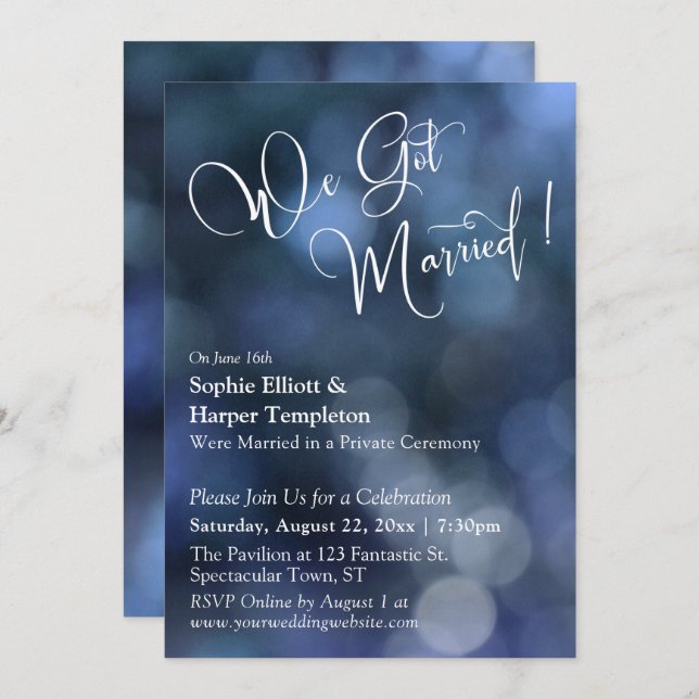 Blue Bokeh Light & "We Got Married" Typography Invitation (Front/Back)