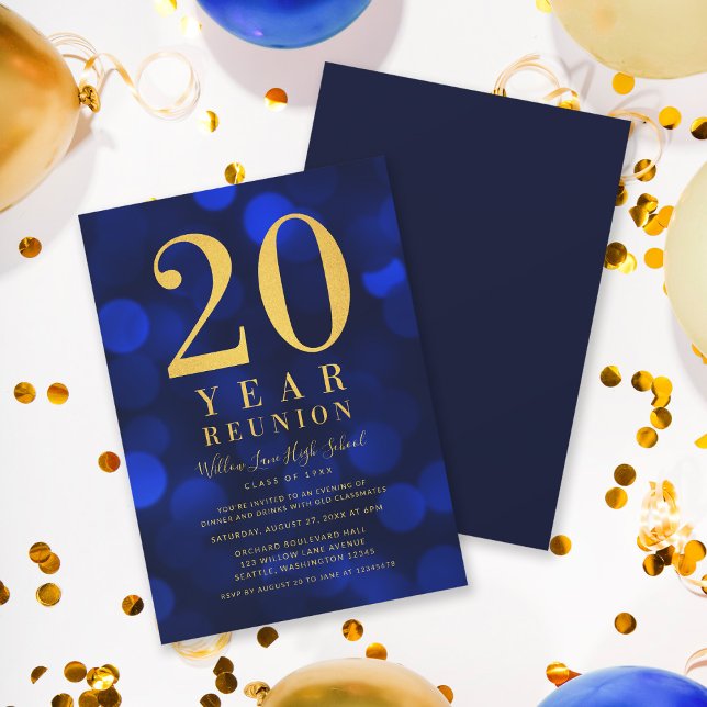 Blue Bokeh Lights 20 Year Class Reunion Invitation (Creator Uploaded)