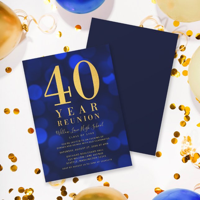 Blue Bokeh Lights 40 Year Class Reunion Invitation (Creator Uploaded)