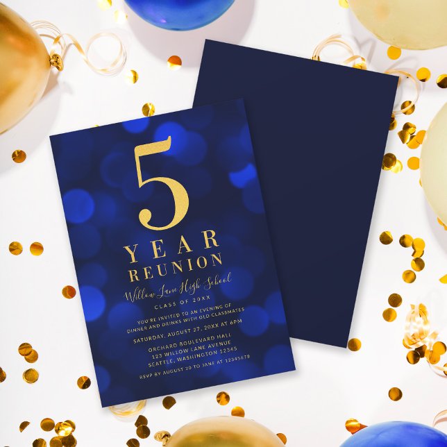 Blue Bokeh Lights 5 Year Class Reunion Invitation (Creator Uploaded)