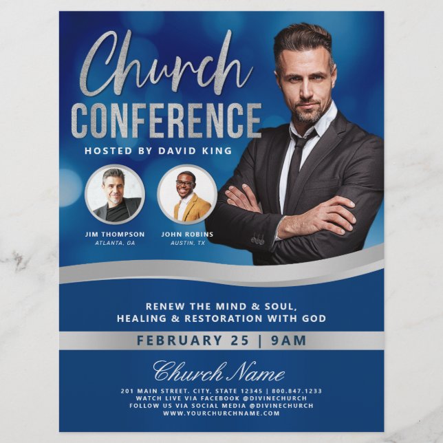 Blue Bokeh Men's Church Conference Service Flyer (Front)