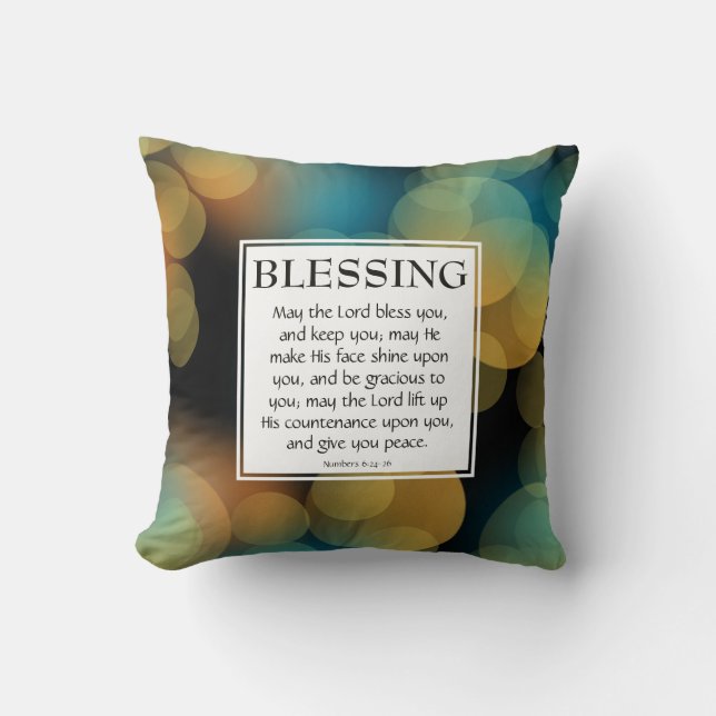 BLUE BOKEH Numbers 6:24-26 CHRISTIAN BLESSING Cushion (Front)