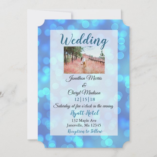 Blue Bokeh Photo Wedding invitations (Front)