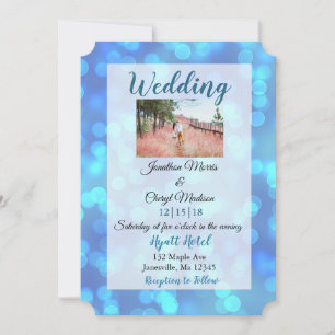Blue Bokeh Photo Wedding invitations