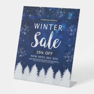 Blue Bokeh Snowy Winter Sale Retail Advertisement Pedestal Sign